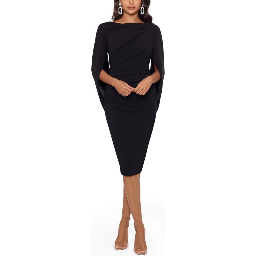 Betsy & Adam Back-Draped Crepe Sheath Dress Black Cape Sleeve Back Zip Sz 4 NWT